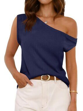 Women's Navy Ribbed Off One Shoulder Slouchy Short Sleeve Tee Top